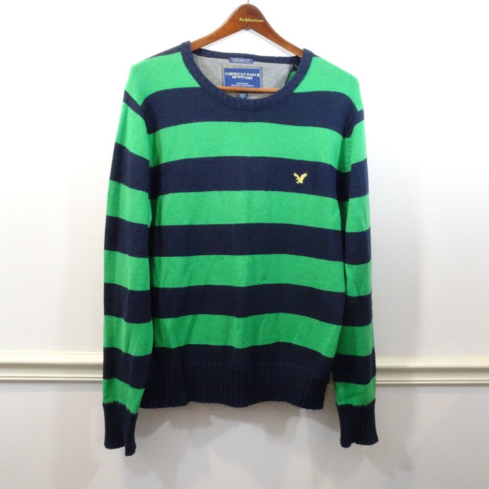 American Eagle Vintage Fit Green Blue Striped Sweater Size XXL Preppy